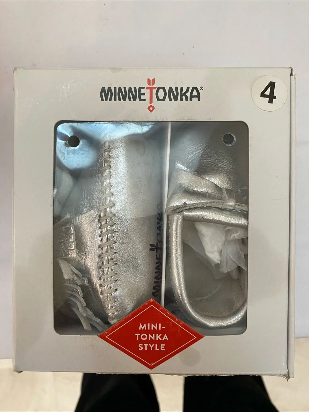 Minnetonka Silver Metallic Baby Moccasins